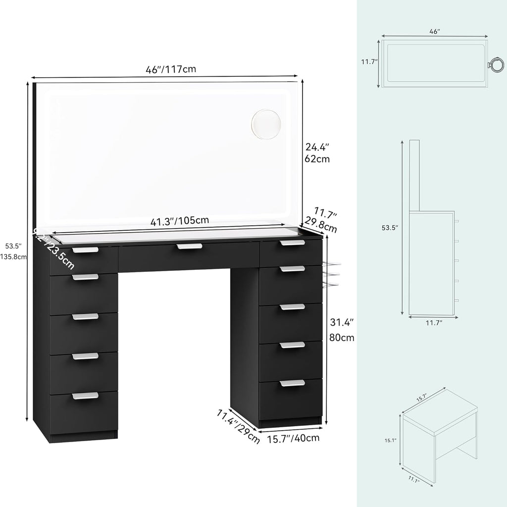 Black Vanity Desk with 11 Drawers and LED Mirror E87691