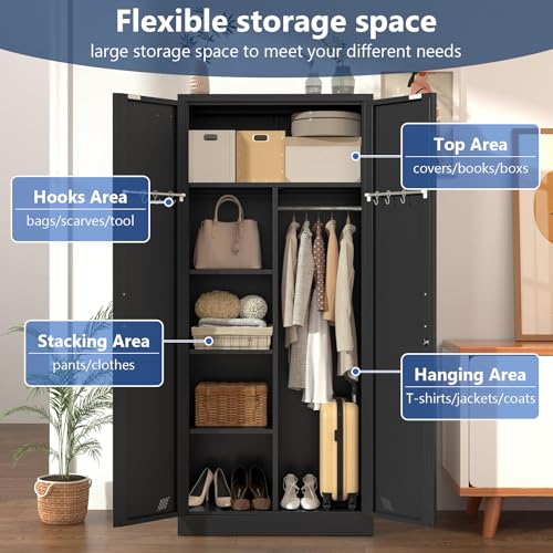 White Metal Armoire Wardrobe Closet with 2 Doors & 2 Drawers and Hanging Rod B541562