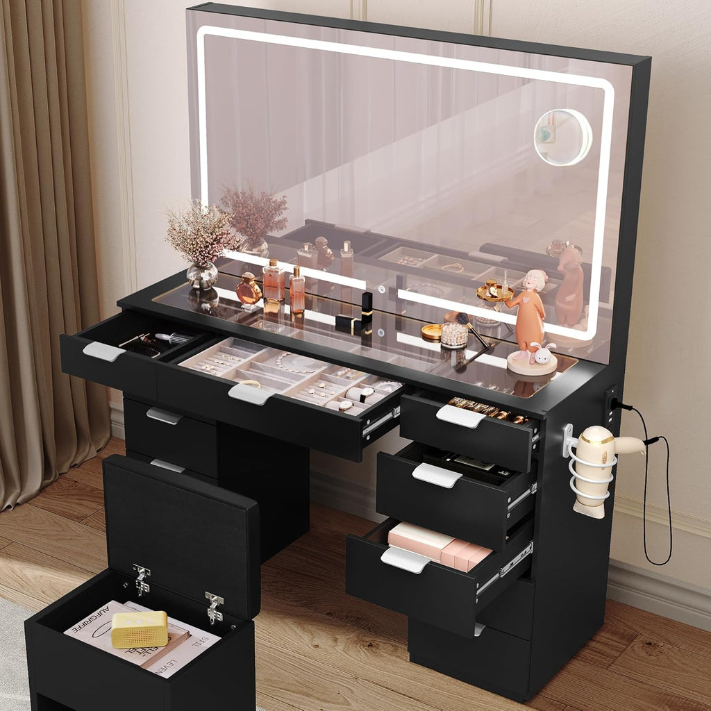 Black Vanity Desk with 11 Drawers and LED Mirror E87691