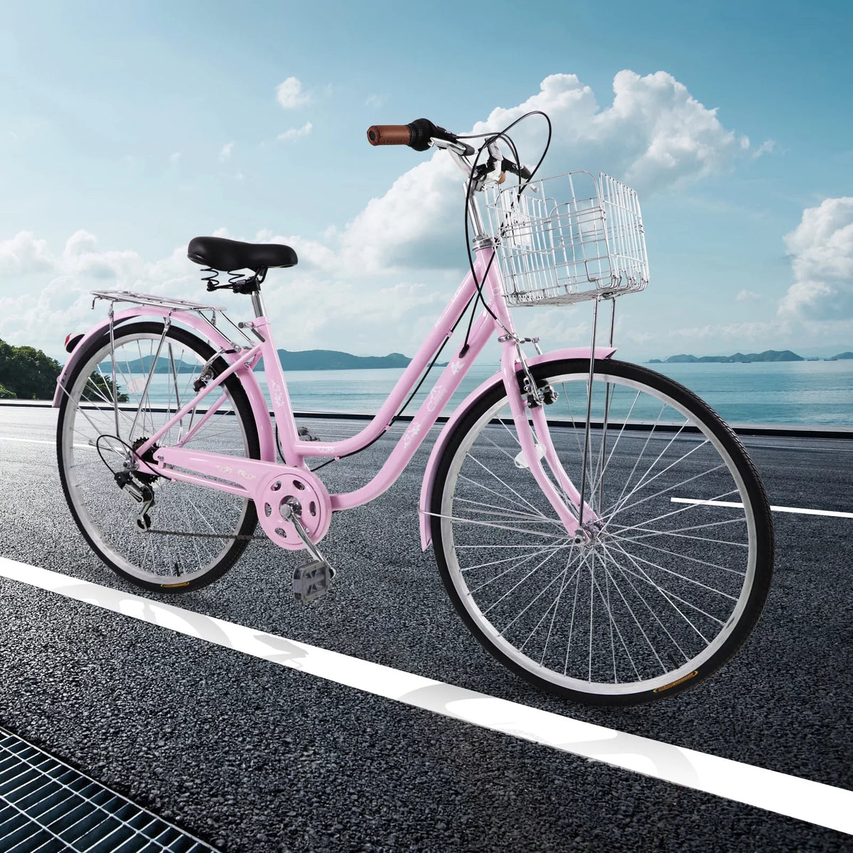 26 inch Commuter Bicycle with 7-speed Baskets Pink V8264