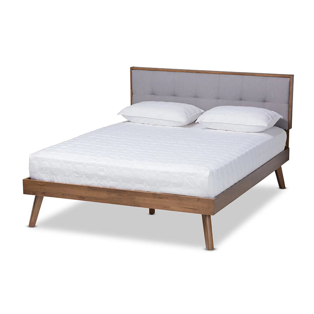 Light Grey Fabric Upholstered Walnut Brown Wood Queen Size Platform Bed O3864