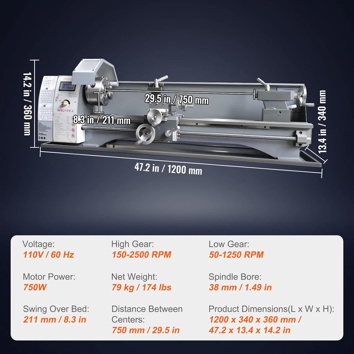 8.3'' x 29.5'' Precision Benchtop Metal Lathe with Tool Box U612352