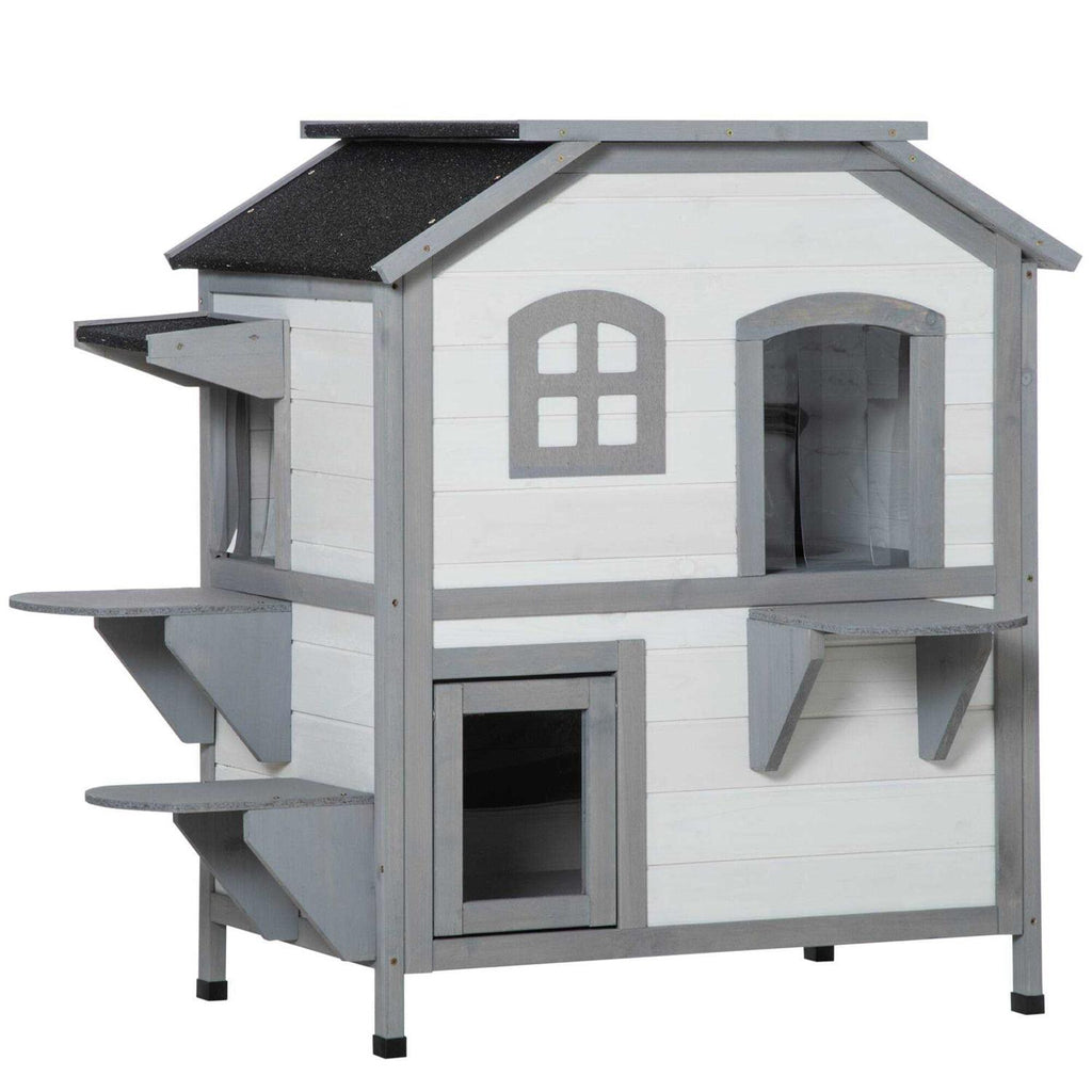 Wooden 2-Story Outdoor Cat House with Escape Door K7253