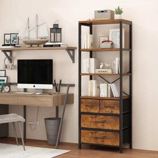 6 Layer Wood & Metal Bookshelf with Drawers J940085