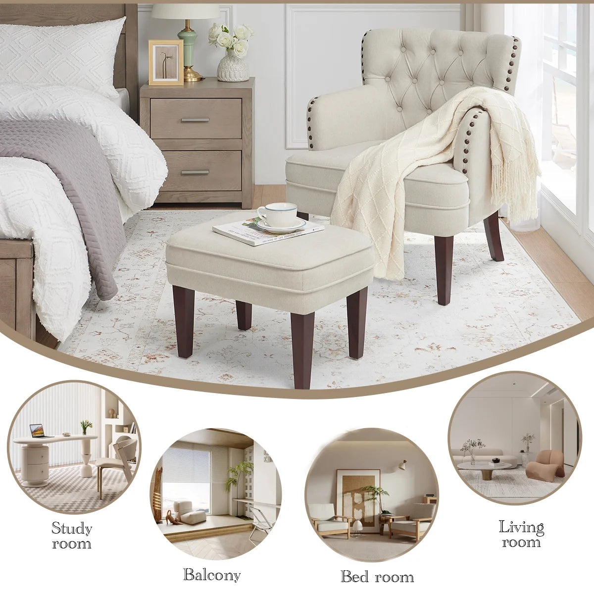 Beige Tufted Accent Chair with Ottoman C164