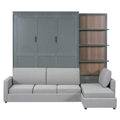 Queen Size Wooden Murphy Bed with Shelves and L-Shape Sofa N54397