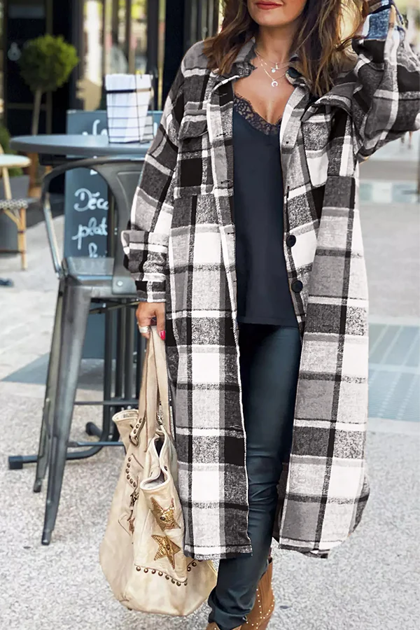 Plaid Button Pocket Shirt Collar Outerwear L9747