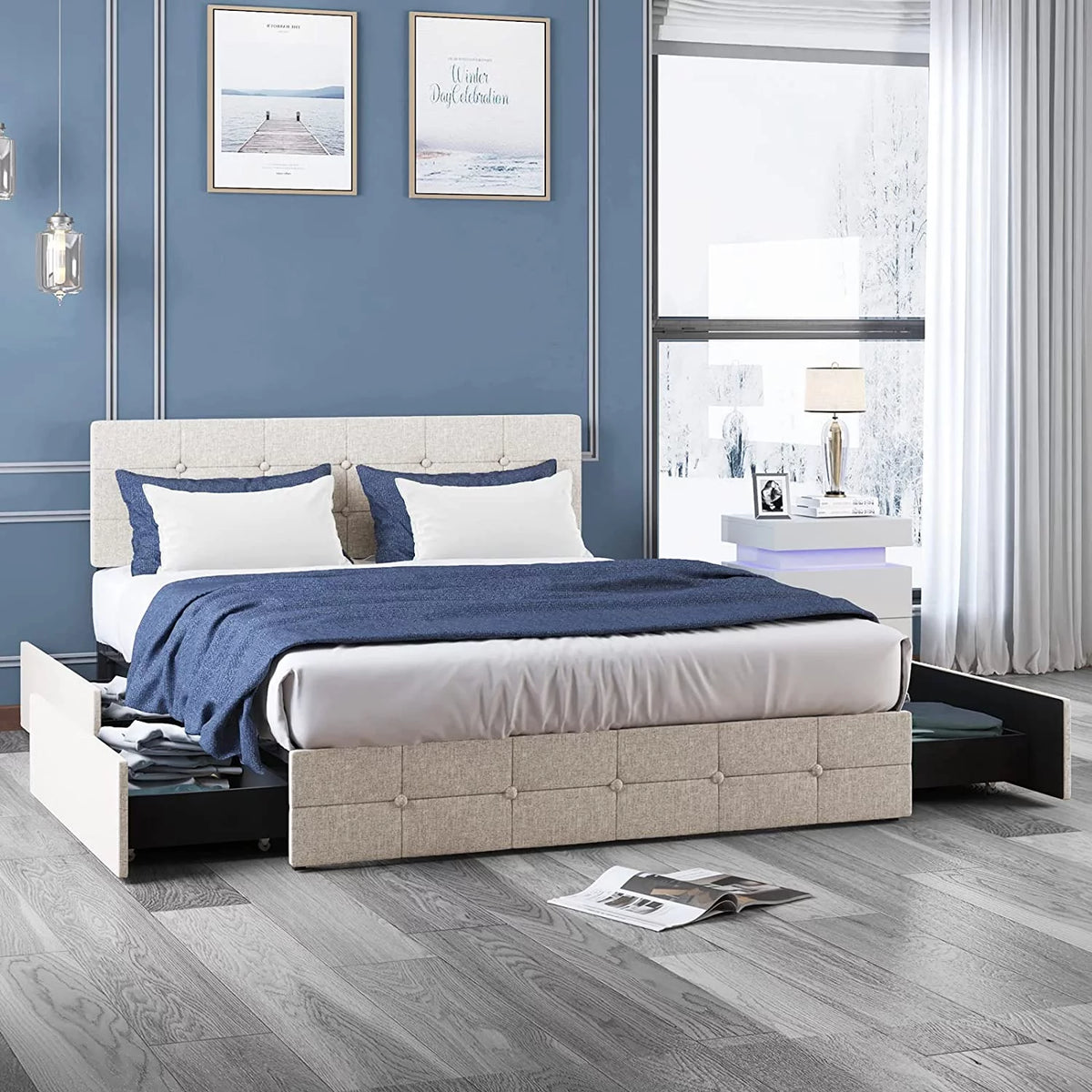 Queen Size Platform Bed Frame with 4 Storage Drawers T54504
