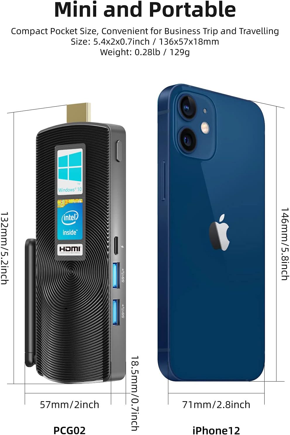 Fanless Mini PC Stick Computer J4125 8GB 128GB Win10 Pro 4K HDMI Portable Compute Stick O7610