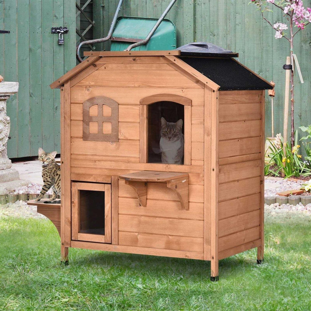 Wooden 2-Story Outdoor Cat House with Escape Door K7253