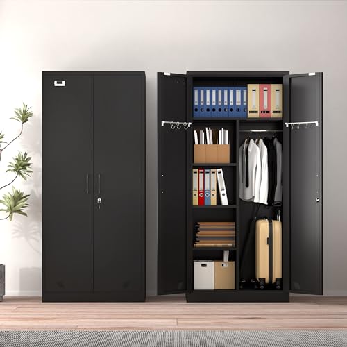 White Metal Armoire Wardrobe Closet with 2 Doors & 2 Drawers and Hanging Rod B541562