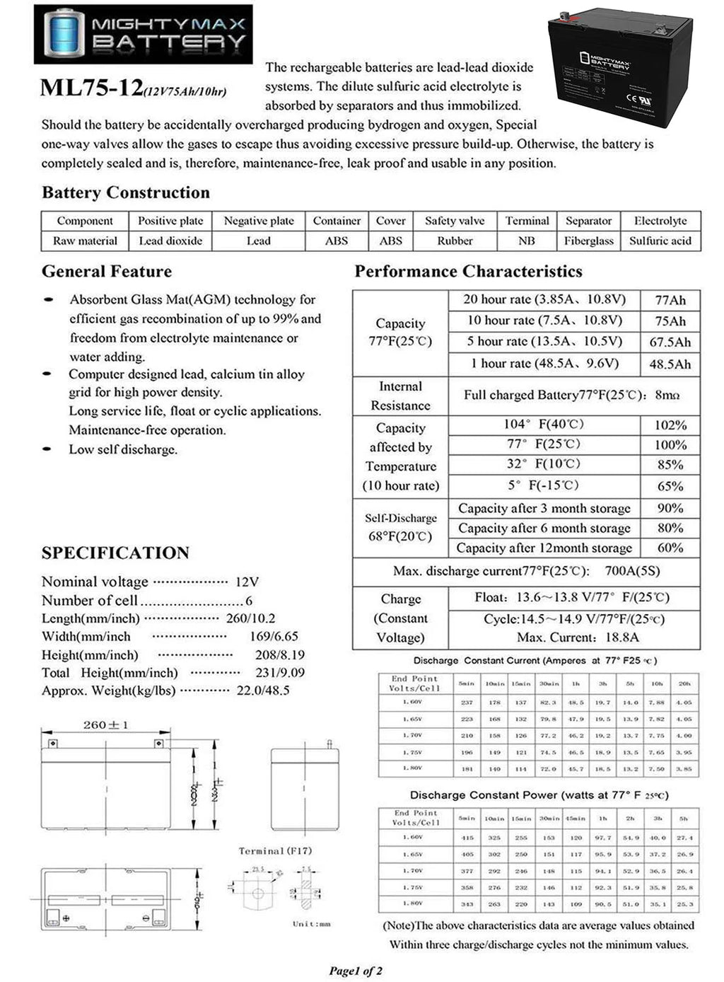 12V 75Ah SLA Battery O94869