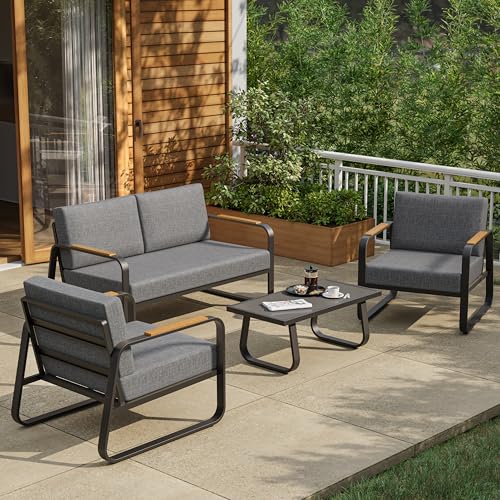4-Piece Outdoor Patio Set with Sofa, Tempered Glass Table, Black & Dark Grey W137088