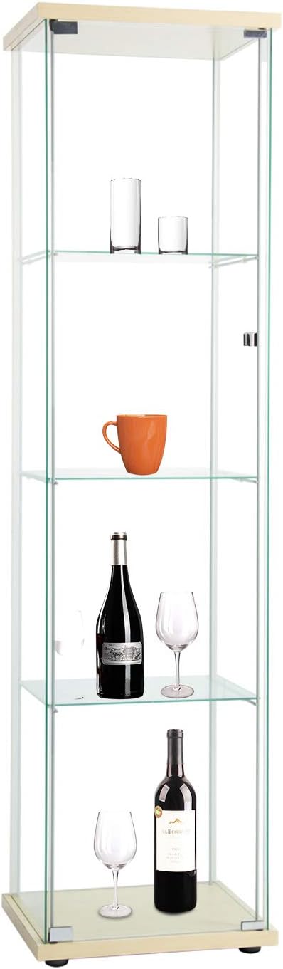 Curio Cabinet with Glass Doors 4 Shelves, 64”x 17”x 14.5”, Nature Wood C76949