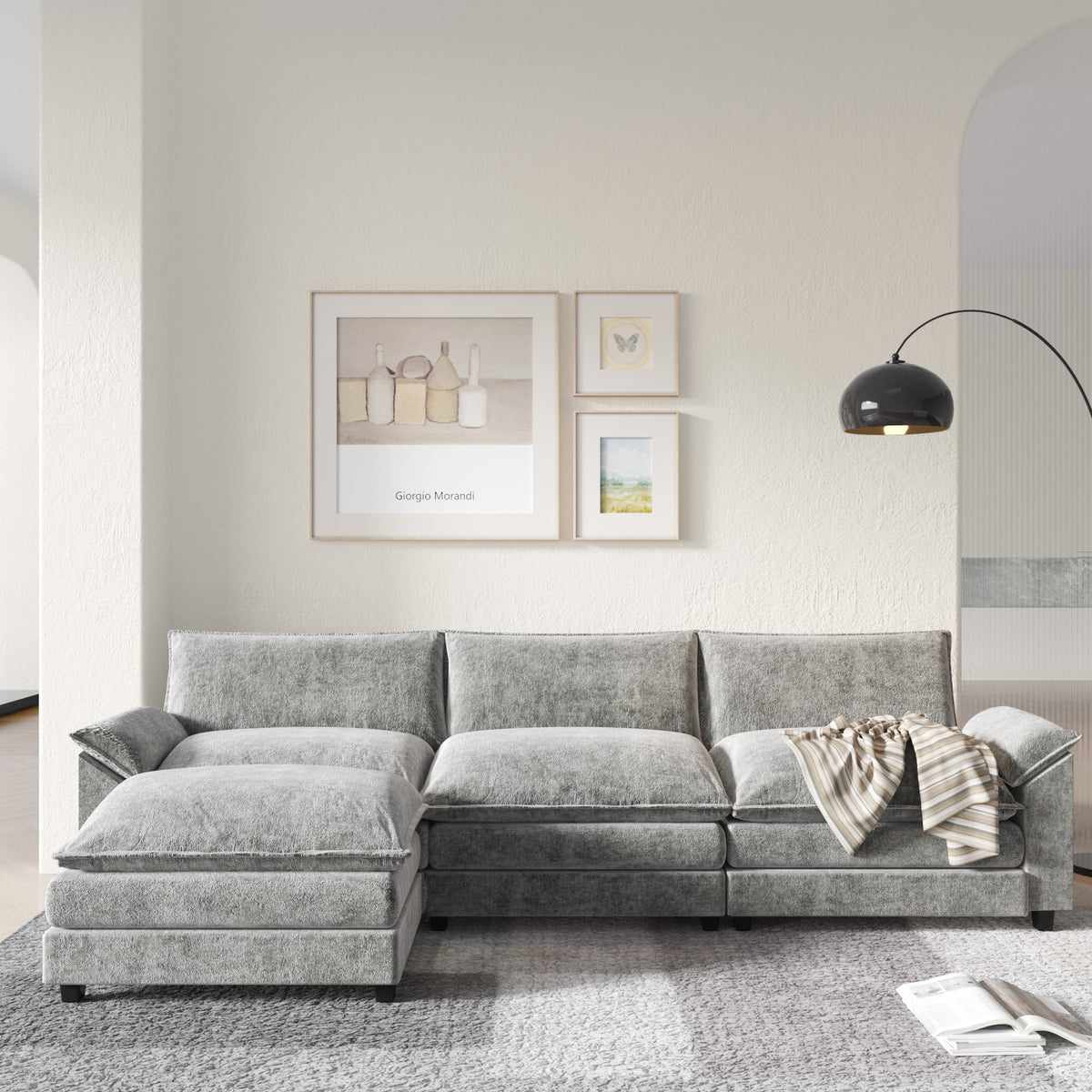 3-seat Sectional Sofa with Reversible Chair and Ottoman, Gray X807