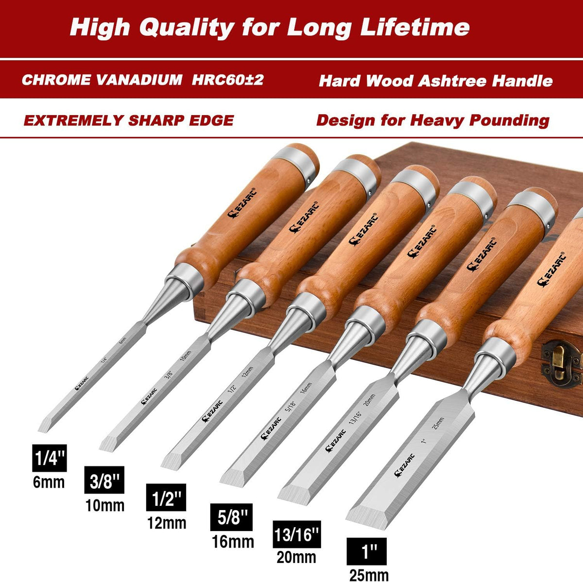 6 Pieces Wood Chisel Set with Wooden Case U862