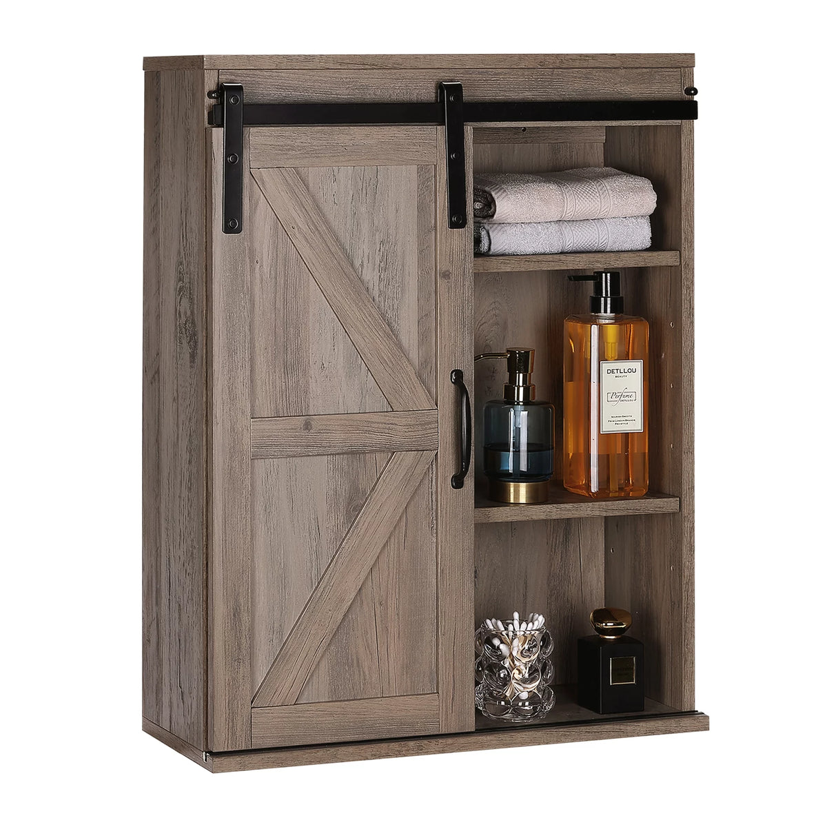 Farmhouse Wood Wall Storage Bathroom Cabinet with Sliding Barn Door, Rustic Medicine Cabinet with Adjustable Shelf, 3-Tier Vintage Cabinet, Washed Oak F1374