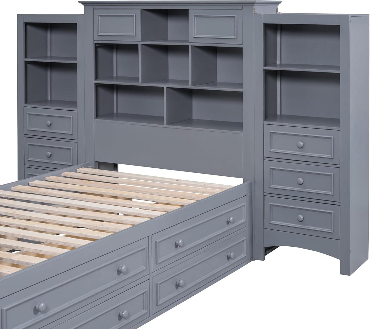 Gray Twin Size Wood Platform Bed Frame with Bookcase Headboard and 4 Drawers T1262