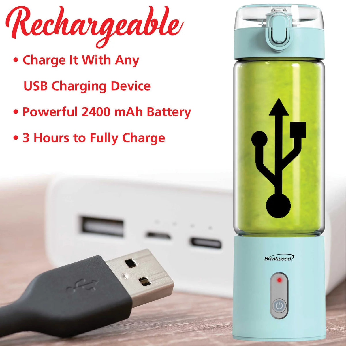 50-Watt 17-Oz. Portable USB-Chargeable Glass Blender N698082