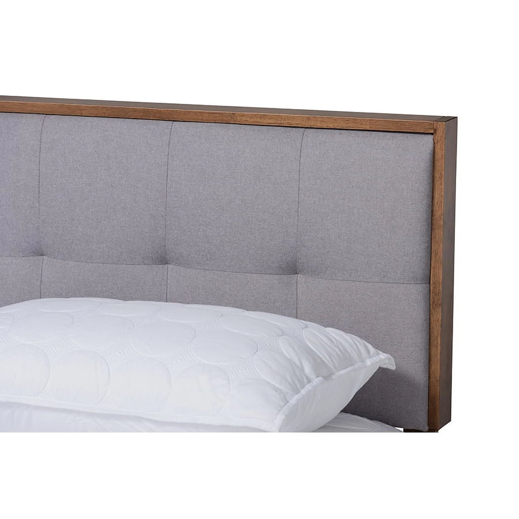 Light Grey Fabric Upholstered Walnut Brown Wood Queen Size Platform Bed O3864