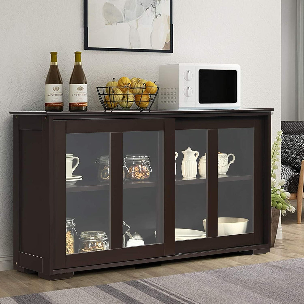 White Stackable Kitchen Sideboard with Sliding Glass Doors and Adjustable Shelf D83910