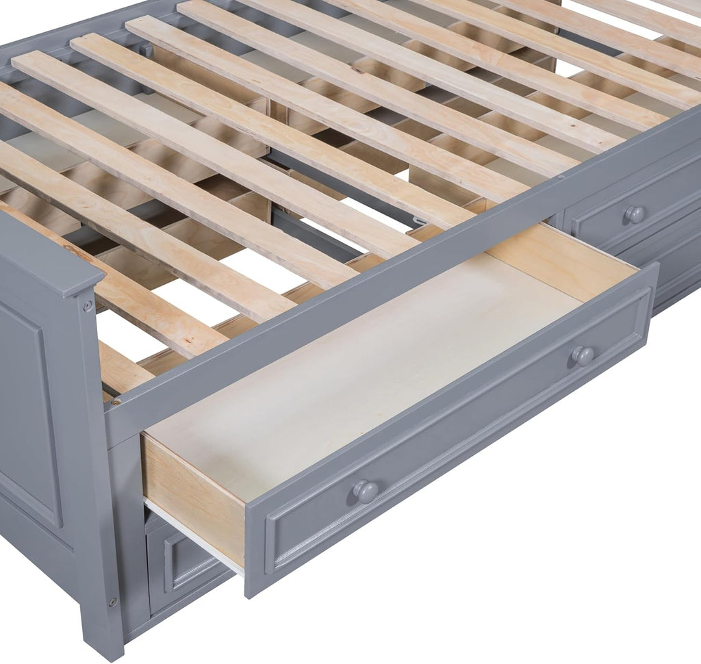 Gray Twin Size Wood Platform Bed Frame with Bookcase Headboard and 4 Drawers T1262