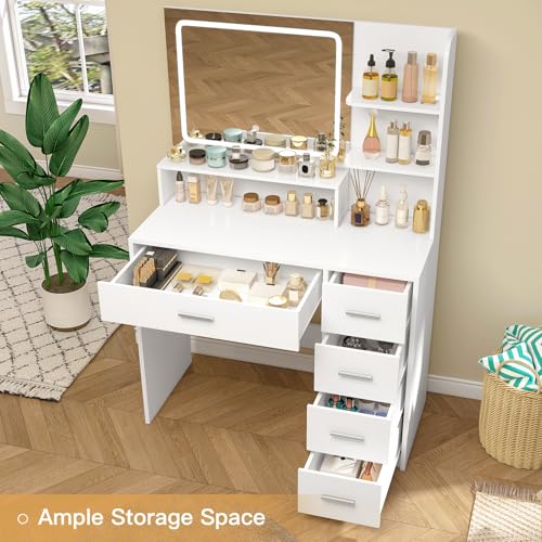 White Vanity Desk with 5 Drawers & Mirror N2134
