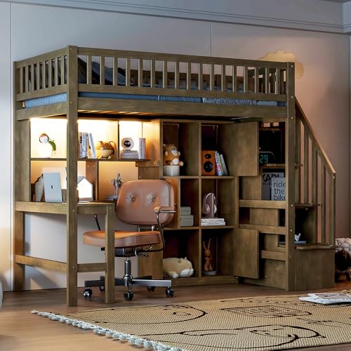 Twin Size Wood Loft Bed with Desk and Storage M4252