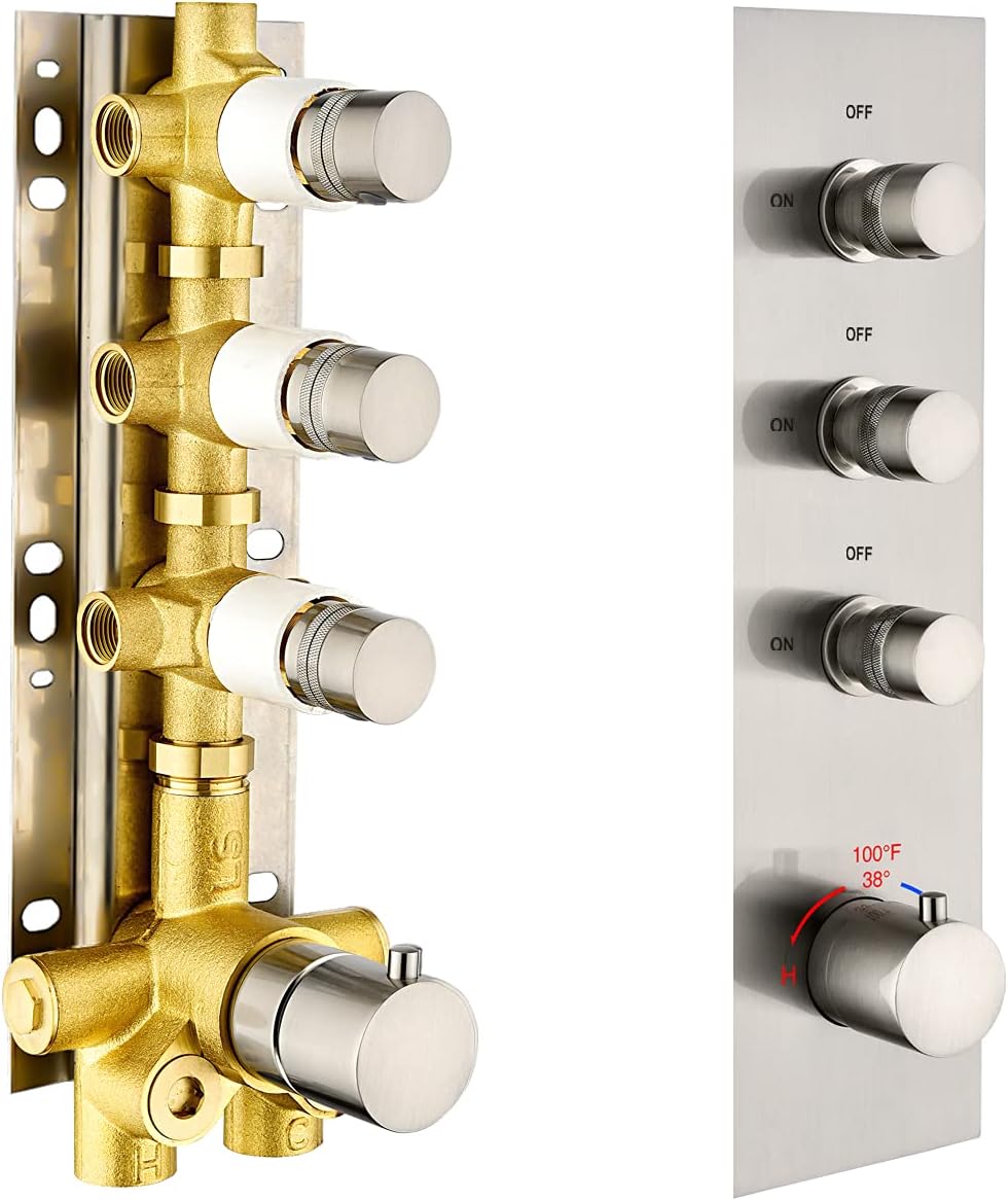 Solid Brass Shower Diverter Thermostatic Mixer Valve with Trim (Chrome, Round) N9665