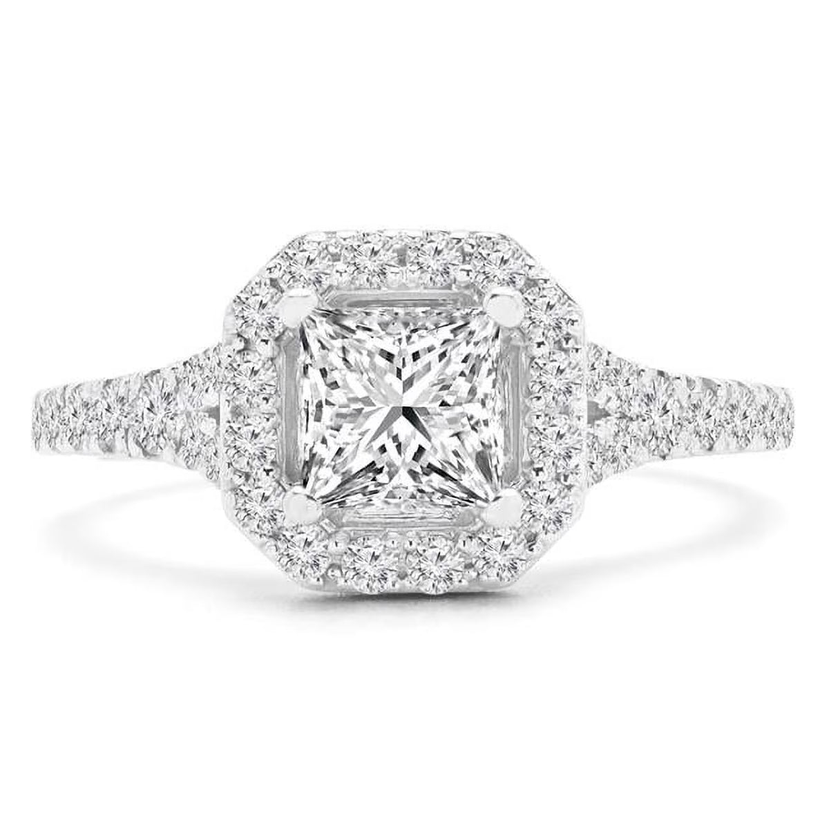 1.5 CTW Princess Diamond 4-Prong Radiant Halo Engagement Ring in 14K White Gold E560