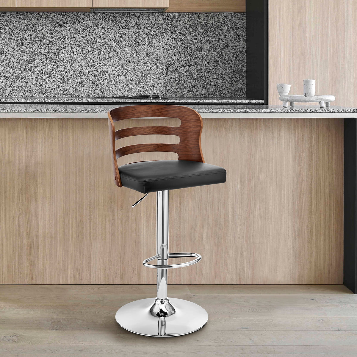 Black Faux Leather and Walnut Wood Adjustable Swivel Bar Stool L33551