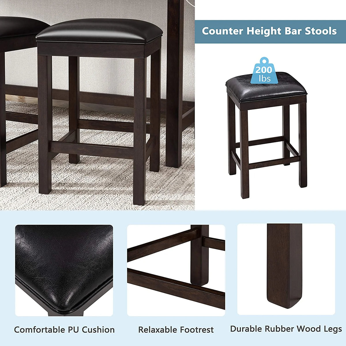 4-Piece Counter Height Dining Table Set with 3 PU Leather Padded Stools P195