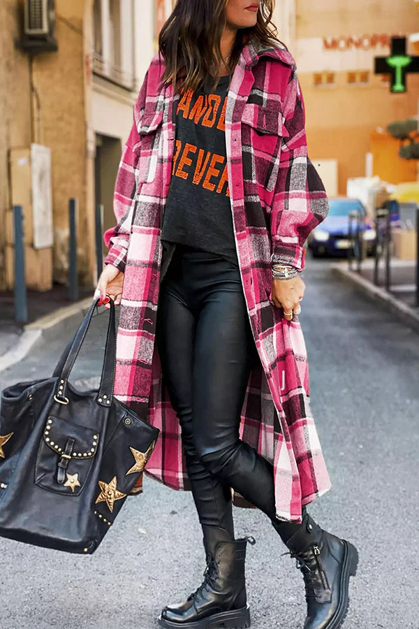 Plaid Button Pocket Shirt Collar Outerwear L9747