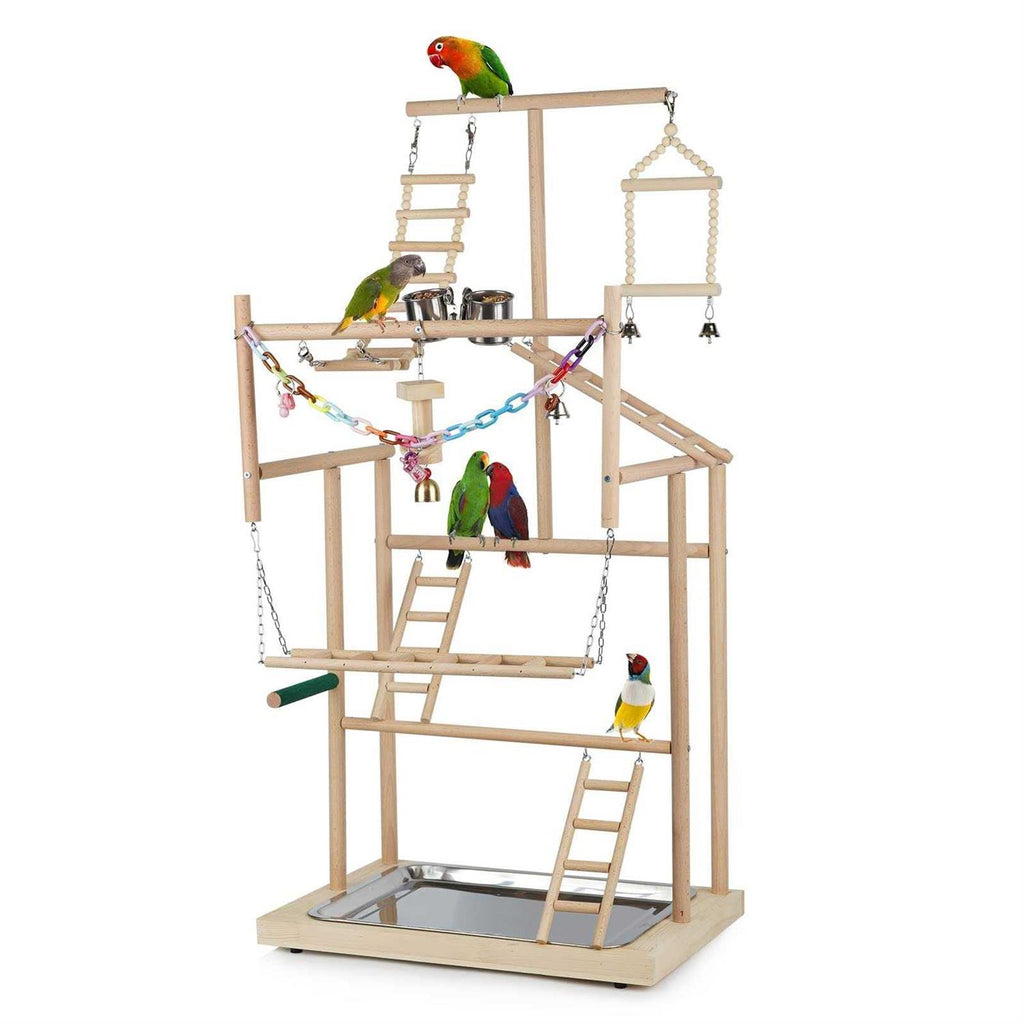 Parrot Bird Play Stand Wood Perch Gym Playpen Ladder with Feeder Cups C18194