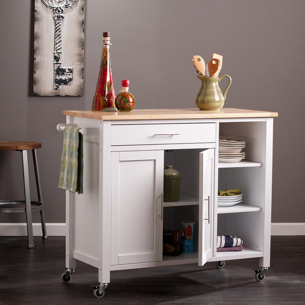 White Rolling Kitchen Cart Island with Cabinet F502