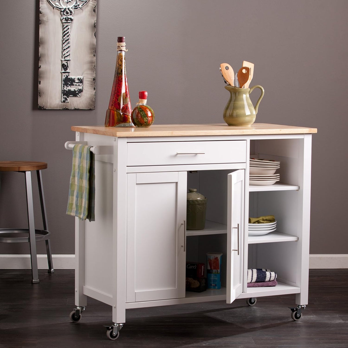 White Rolling Kitchen Cart Island with Cabinet F502