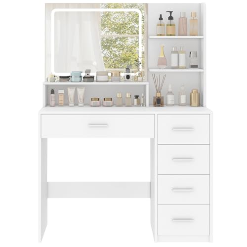White Vanity Desk with 5 Drawers & Mirror N2134