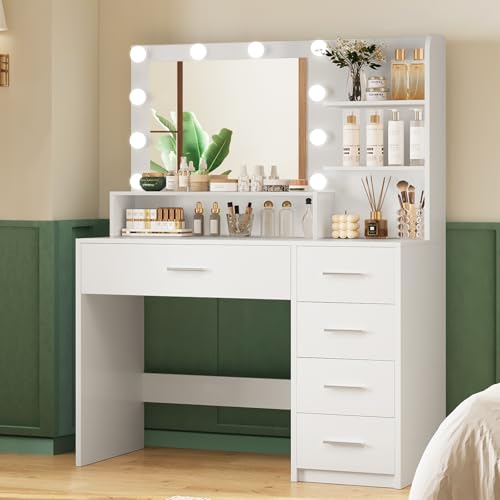 White Vanity Desk with 5 Drawers & Mirror N2134