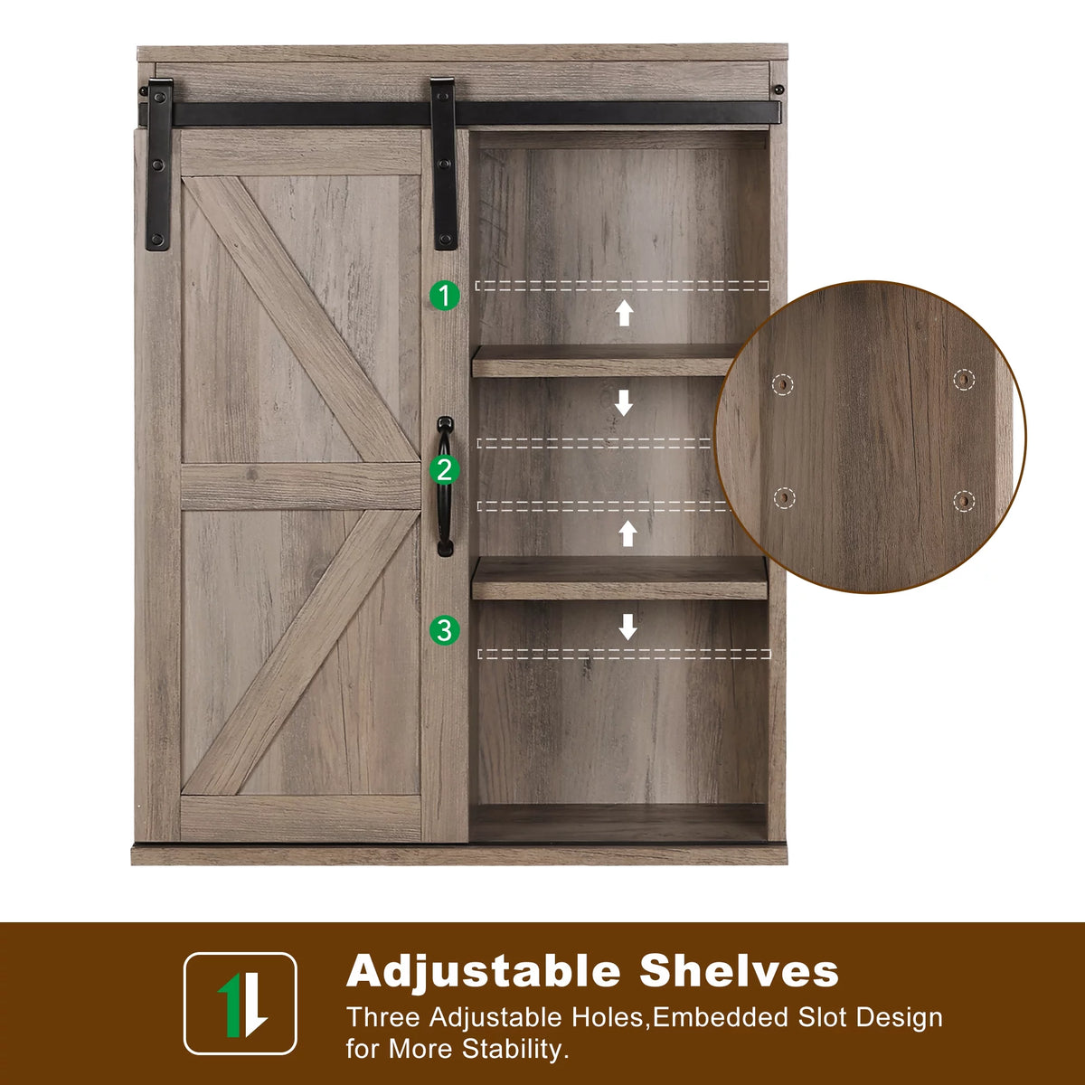 Farmhouse Wood Wall Storage Bathroom Cabinet with Sliding Barn Door, Rustic Medicine Cabinet with Adjustable Shelf, 3-Tier Vintage Cabinet, Washed Oak F1374