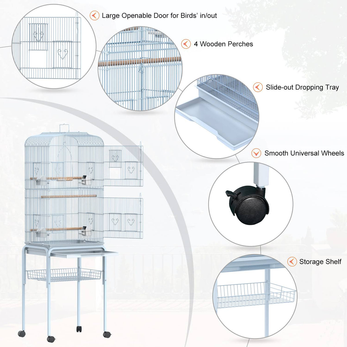 White Metal Indoor Bird Cage Starter Kit with Rolling Stand V187857