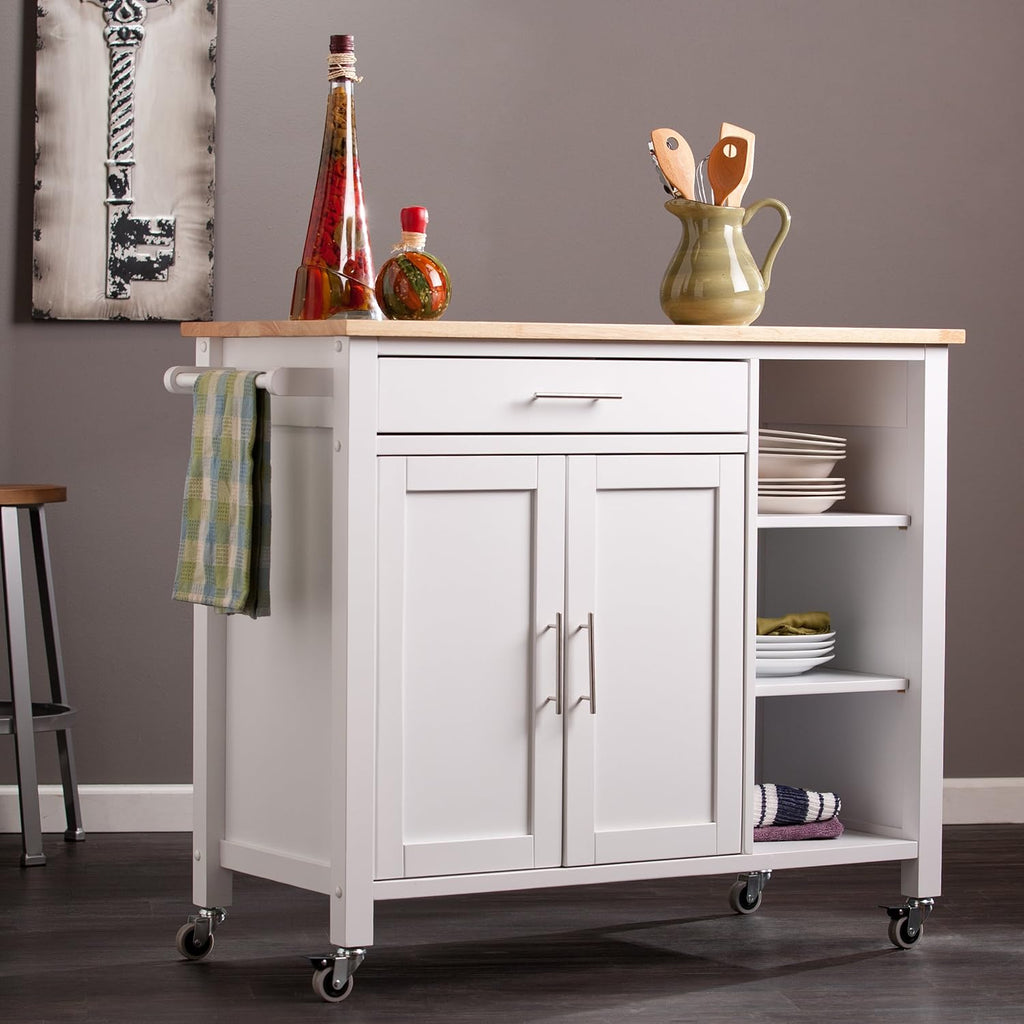 White Rolling Kitchen Cart Island with Cabinet F502