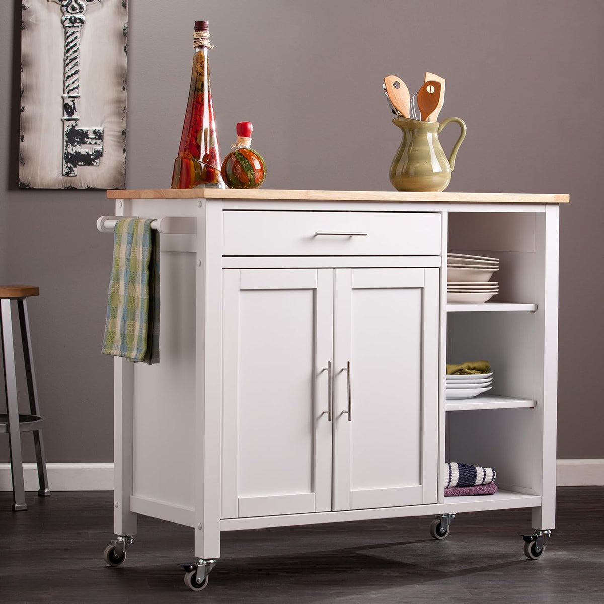 White Rolling Kitchen Cart Island with Cabinet F502