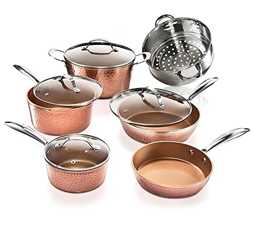 10 Pc Non Stick Copper Cookware Set with 12 Inch Nonstick Skillet W549