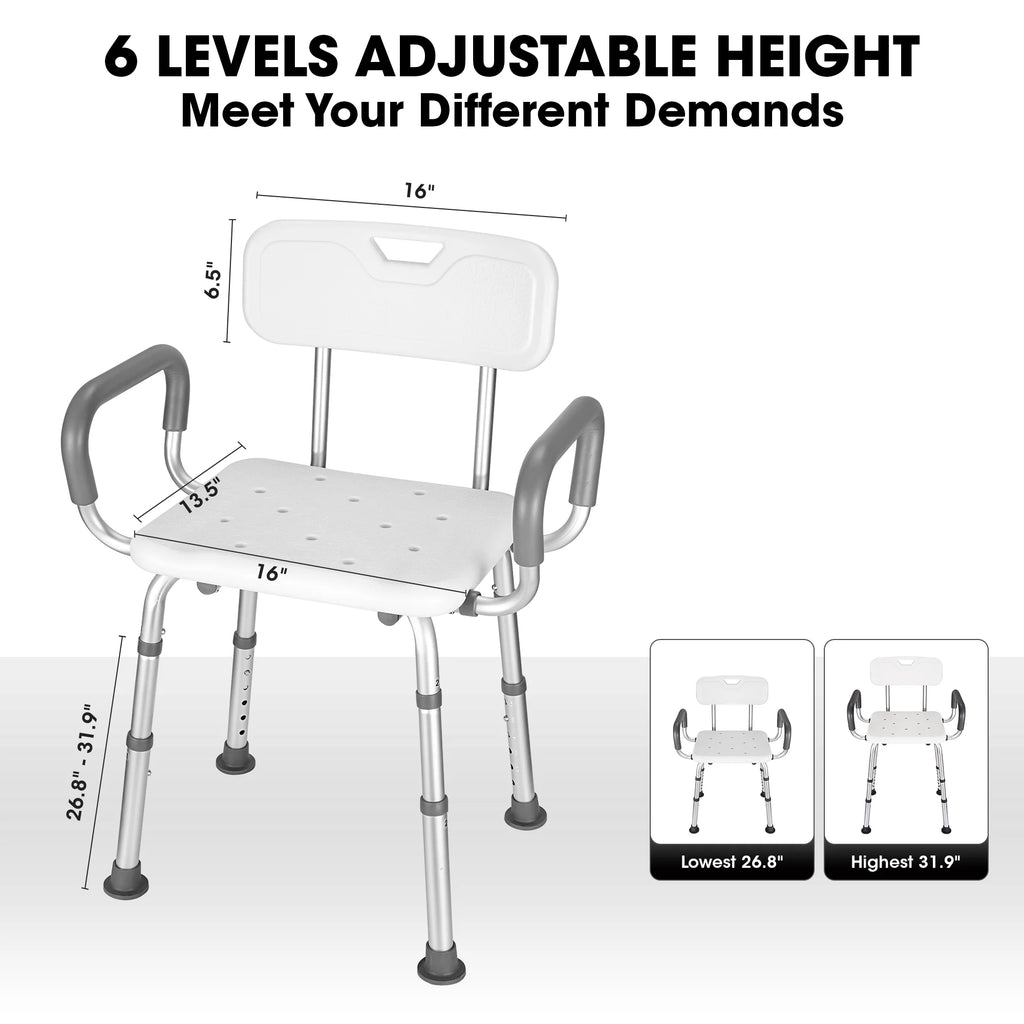 Shower Chair with Back and Padded Armrests, 6 Levels Adjustable Height L380511