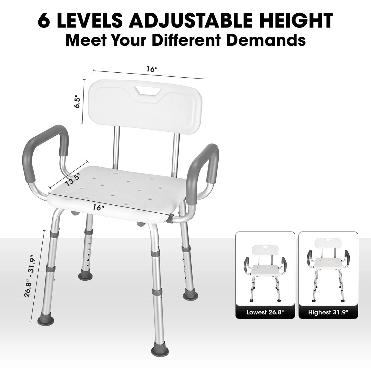 Shower Chair with Back and Padded Armrests, 6 Levels Adjustable Height L380511