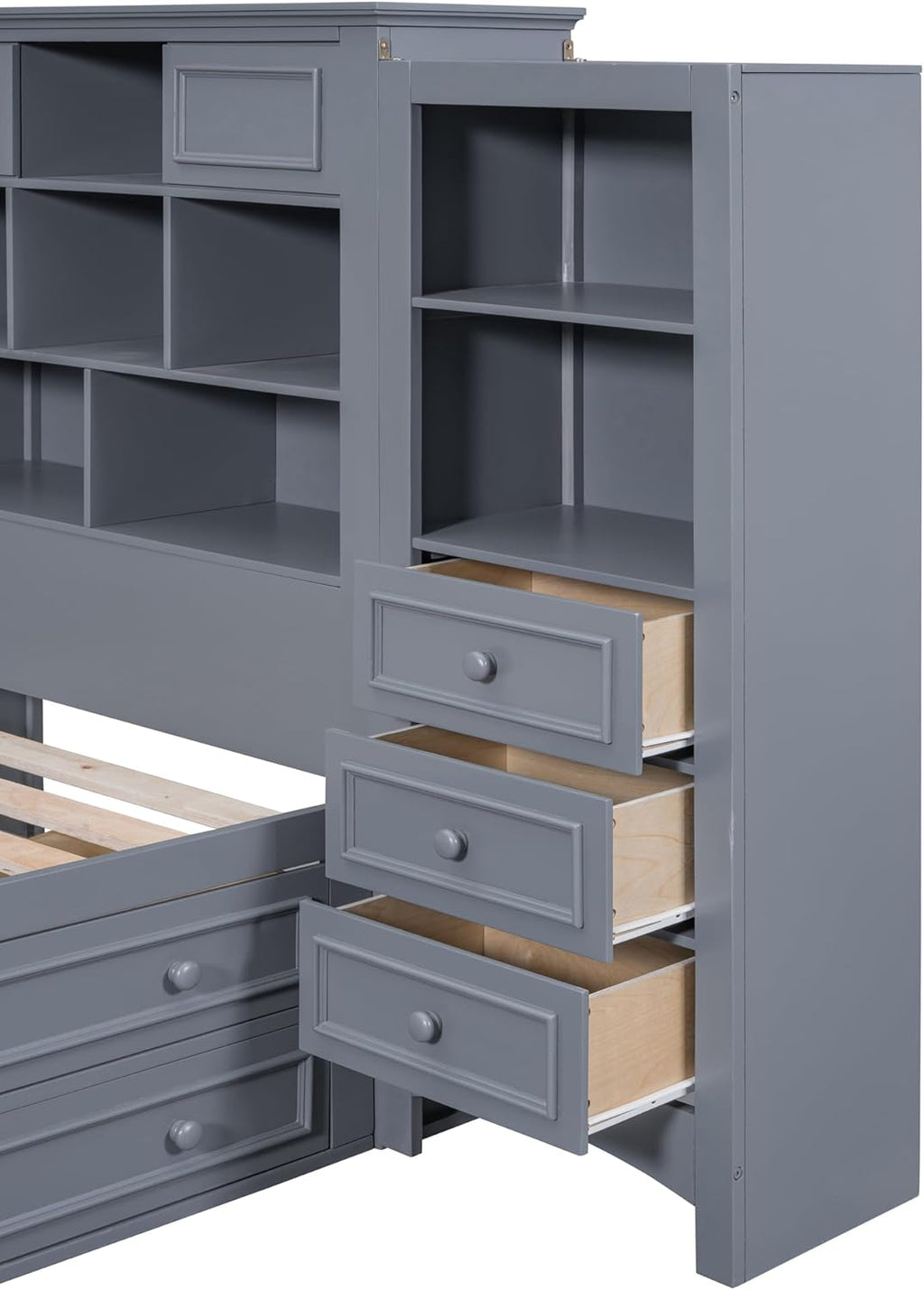 Gray Twin Size Wood Platform Bed Frame with Bookcase Headboard and 4 Drawers T1262