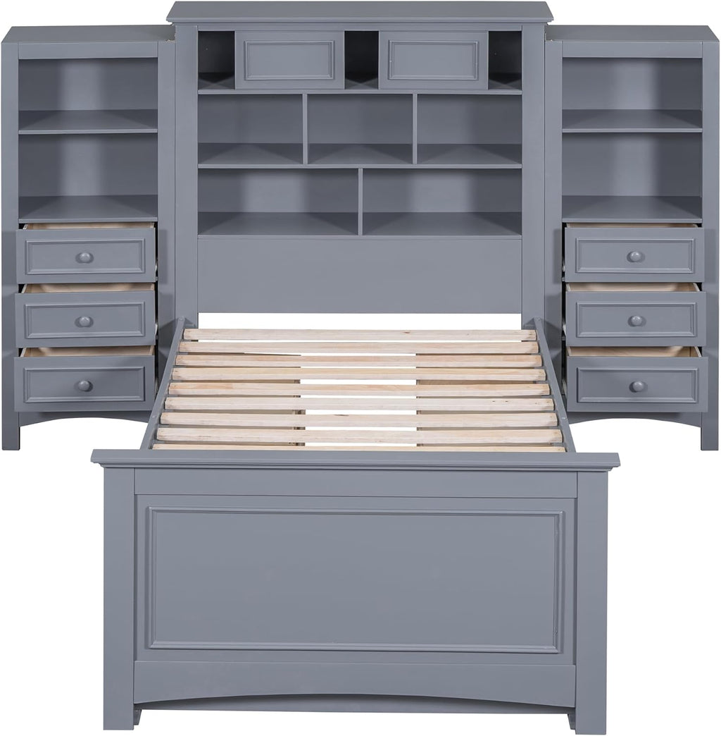 Gray Twin Size Wood Platform Bed Frame with Bookcase Headboard and 4 Drawers T1262