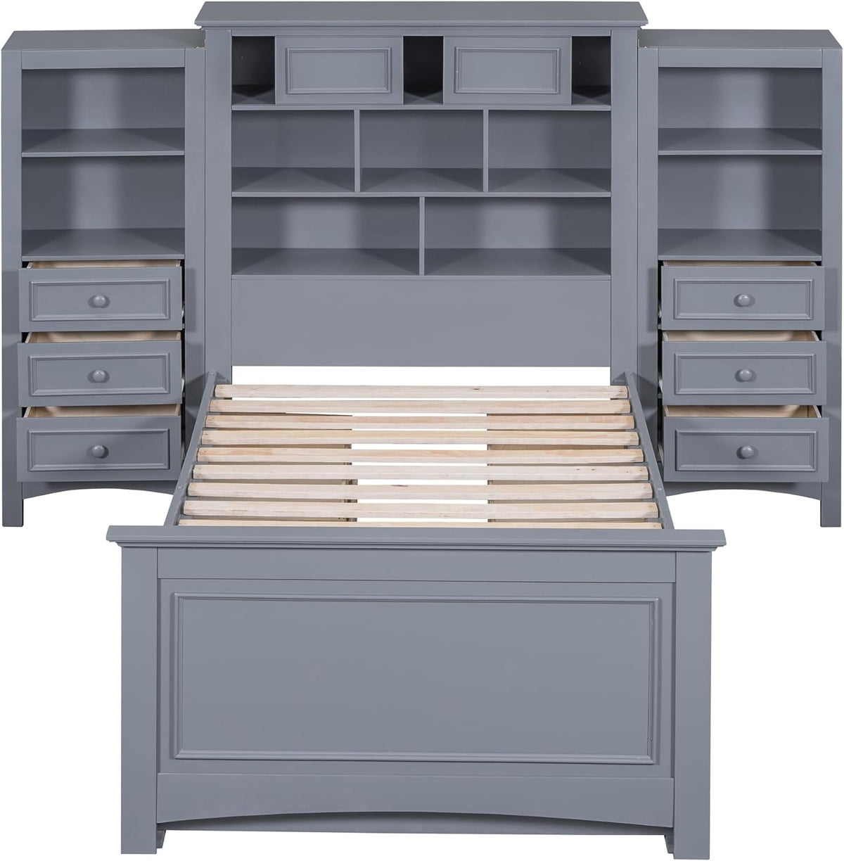 Gray Twin Size Wood Platform Bed Frame with Bookcase Headboard and 4 Drawers T1262