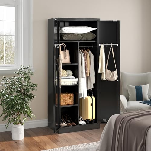 White Metal Armoire Wardrobe Closet with 2 Doors & 2 Drawers and Hanging Rod B541562