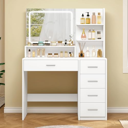 White Vanity Desk with 5 Drawers & Mirror N2134